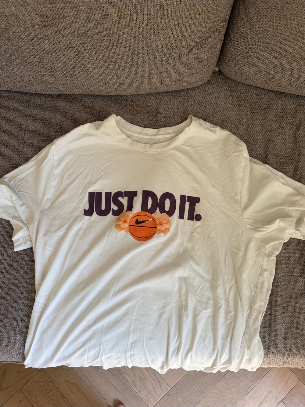 Nike White Kids' Short-Sleeve Tee with Purple "JUST DO IT." and Orange Graphic